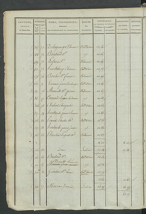 Etats de sections ; récapitulation ; relevé des numéros de même nature de culture ; classement parcellaire et évaluation des revenus imposables des propriétés bâties, avec le nombre des portes et fenêtres.