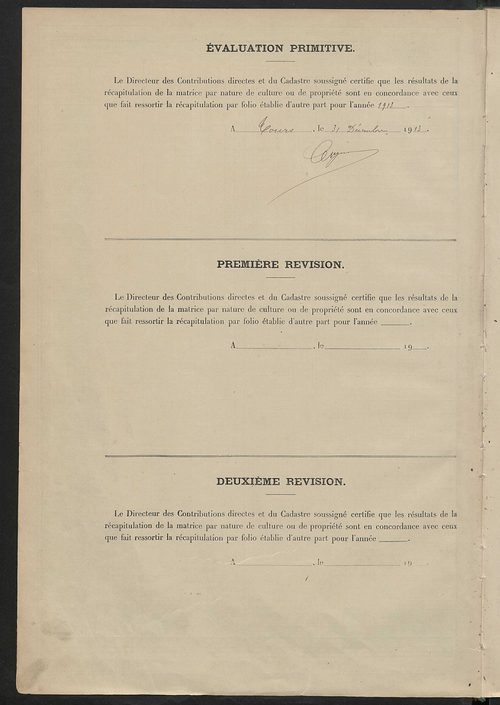 Tableau présentant les augmentations et les diminutions survenues dans la matière imposable ; récapitulation ; table alphabétique des propriétaires ; matrice des propriétés non bâties, fol. 1 à 492.