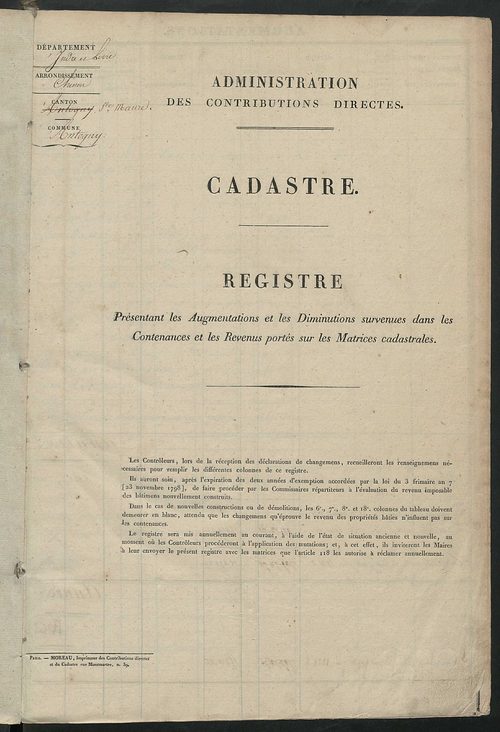 Registre présentant les augmentations et les diminutions survenues dans les contenances et les revenus portés sur les matrices cadastrales, 1830-1914 ; récapitulation des contenances et des revenus imposables, 1828 ; matrice cadastrale des propriétés fonc