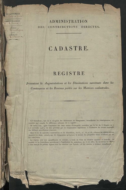 Registre présentant les augmentations et les diminutions survenues dans les contenances et les revenus portés sur les matrices cadastrales, 1829-1914 ; récapitulation des contenances et des revenus imposables, 1826 ; matrice des propriétés foncières, fol.