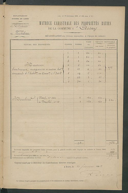Matrice des propriétés bâties ; augmentations et diminutions, 1883-1891 ; séparation des revenus cadastraux afférents, pour l'année 1882, aux propriétés bâties et non bâties (état-balance) ; table alphabétique des propriétaires.