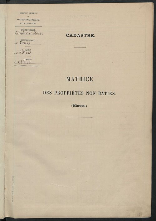 Matrice des propriétés non bâties : tableau présentant les augmentations et les diminutions survenues dans la matière imposable ; récapitulation ; table alphabétique des propriétaires.