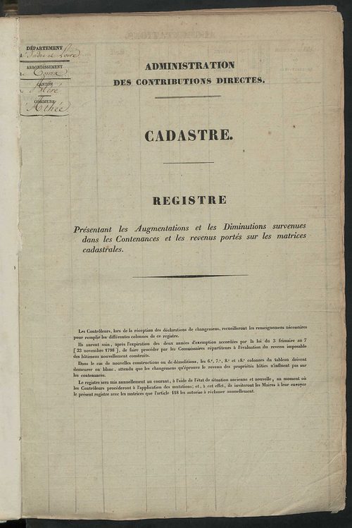 Registre présentant les augmentations et les diminutions survenues dans les contenances et les revenus portés sur les matrices cadastrales, 1829-1914 ; récapitulation des contenances et des revenus imposables, 1827 ; matrice cadastrale des propriétés fonc