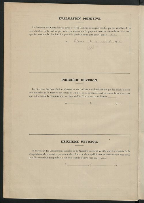 Matrice des propriétés non bâties : tableau présentant les augmentations et les diminutions survenues dans la matière imposable ; récapitulation ; table alphabétique des propriétaires.