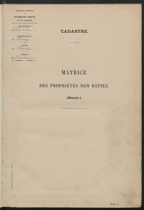 Matrice des propriétés non bâties : tableau présentant les augmentations et les diminutions survenues dans la matière imposable ; récapitulation ; table alphabétique des propriétaires.