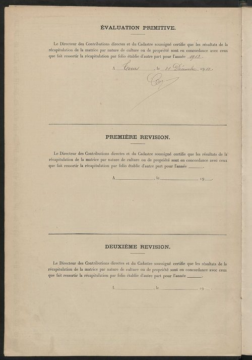 Matrice des propriétés non bâties : tableau présentant les augmentations et les diminutions survenues dans la matière imposable ; récapitulation ; table alphabétique des propriétaires.