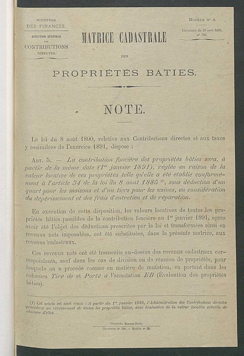 Matrice des propriétés bâties ; augmentations et diminutions, 1883-1891 ; séparation des revenus cadastraux afférents, pour l'année 1882, aux propriétés bâties et non bâties (état-balance) ; table alphabétique des propriétaires.
