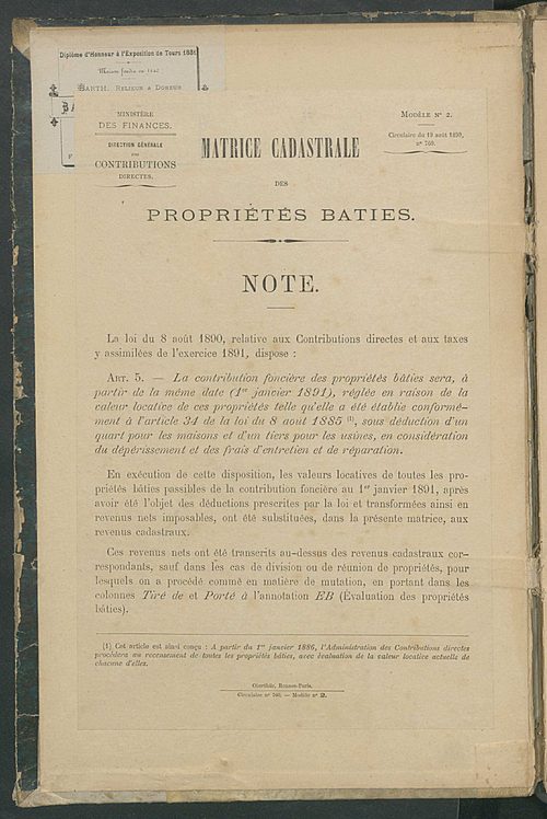 Matrice des propriétés bâties ; augmentations et diminutions, 1883-1891 ; séparation des revenus cadastraux afférents, pour l'année 1882, aux propriétés bâties et non bâties (état-balance) ; table alphabétique des propriétaires.