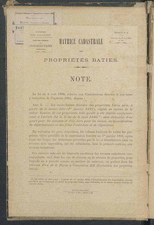 Matrice des propriétés bâties ; augmentations et diminutions, 1883-1891 ; séparation des revenus cadastraux afférents, pour l'année 1882, aux propriétés bâties et non bâties (état-balance) ; table alphabétique des propriétaires.