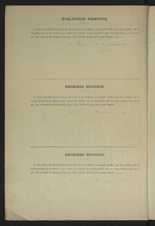 Matrice des propriétés non bâties : tableau présentant les augmentations et les diminutions survenues dans la matière imposable ; récapitulation ; table alphabétique des propriétaires.