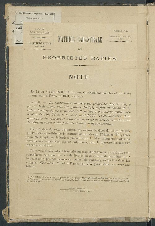 Matrice des propriétés bâties ; augmentations et diminutions, 1883-1891 ; séparation des revenus cadastraux afférents, pour l'année 1882, aux propriétés bâties et non bâties (état-balance) ; table alphabétique des propriétaires.