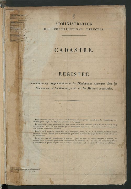 Registre présentant les augmentations et les diminutions survenues dans les contenances et les revenus portés sur les matrices cadastrales, 1828-1908; récapitulation des contenances et des revenus imposables, 1827 ; matrice des propriétés foncières, fol. 