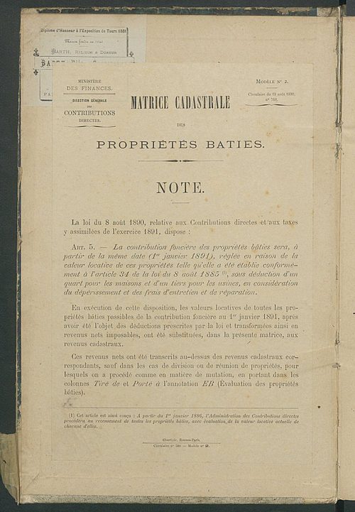 Matrice des propriétés bâties ; augmentations et diminutions, 1883-1891 ; séparation des revenus cadastraux afférents, pour l'année 1882, aux propriétés bâties et non bâties (état-balance) ; table alphabétique des propriétaires.