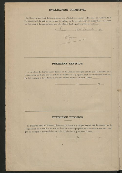 Tableau présentant les augmentations et les diminutions survenues dans la matière imposable ; récapitulation ; table alphabétique des propriétaires ; matrices des propriétés non bâties, fol. 1 à 500.
