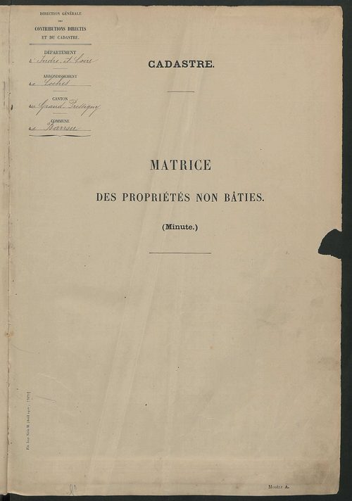 Tableau présentant les augmentations et les diminutions survenues dans la matière imposable ; récapitulation ; table alphabétique des propriétaires ; matrices des propriétés non bâties, fol. 1 à 500.