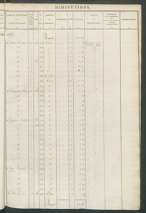 Registre présentant les augmentations et les diminutions survenues dans les contenances et les revenus portés sur les matrices cadastrales, 1825-1914 ; récapitulation des contenances et des revenus imposables, 1823 ; matrice cadastrale des propriétés fonc