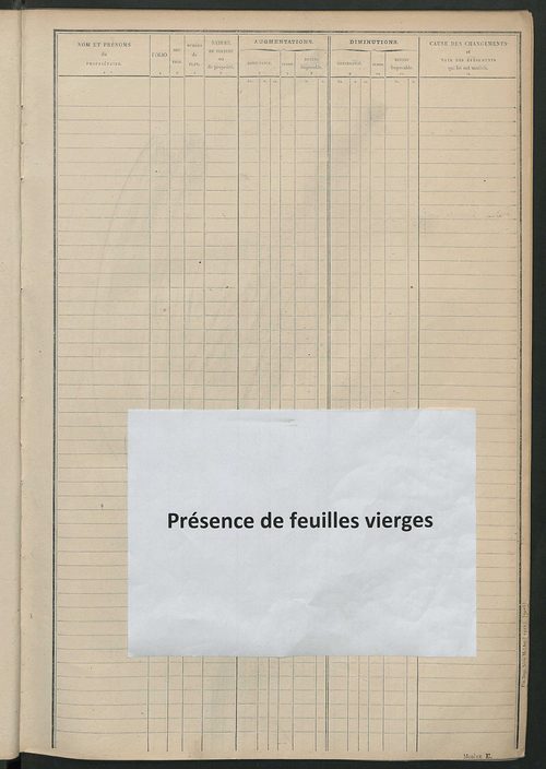 Tableau présentant les augmentations et les diminutions survenues dans la matière imposable ; récapitulation ; table alphabétique des propriétaires ; matrices des propriétés non bâties, fol. 1 à 500.