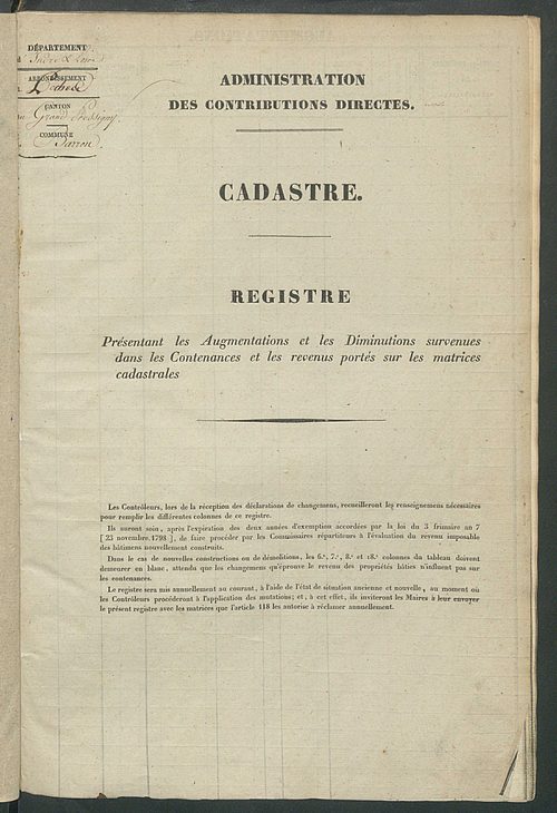 Registre présentant les augmentations et les diminutions survenues dans les contenances et les revenus portés sur les matrices cadastrales, 1825-1914 ; récapitulation des contenances et des revenus imposables, 1823 ; matrice cadastrale des propriétés fonc
