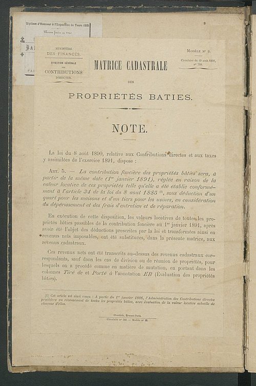 Matrice des propriétés bâties ; augmentations et diminutions, 1883-1891 ; séparation des revenus cadastraux afférents, pour l'année 1882, aux propriétés bâties et non bâties (état-balance) ; table alphabétique des propriétaires.