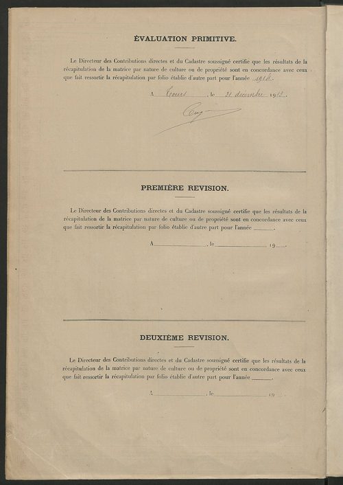 Tableau présentant les augmentations et les diminutions survenues dans la matière imposable ; récapitulation ; table alphabétique des propriétaires ; matrice des propriétés non bâties, fol. 1 à 500.