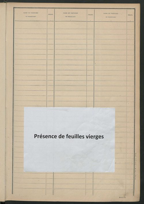 Tableau présentant les augmentations et les diminutions survenues dans la matière imposable ; récapitulation ; table alphabétique des propriétaires ; matrice des propriétés non bâties, fol. 1 à 492.