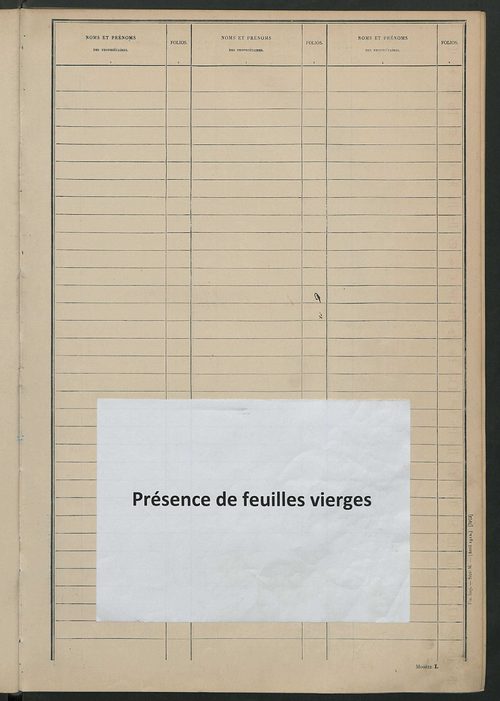 Tableau présentant les augmentations et les diminutions survenues dans la matière imposable ; récapitulation ; table alphabétique des propriétaires ; matrice des propriétés non bâties, fol. 1 à 492.