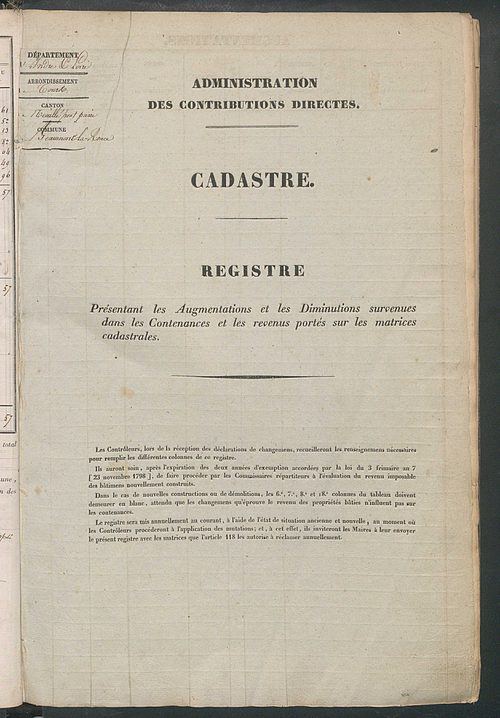 Récapitulation des contenances et des revenus imposables, 1829 ; registre présentant les augmentations et les diminutions survenues dans les contenances et les revenus portés sur les matrices cadastrales, 1831-1914 ; matrice cadastrale des propriétés fonc