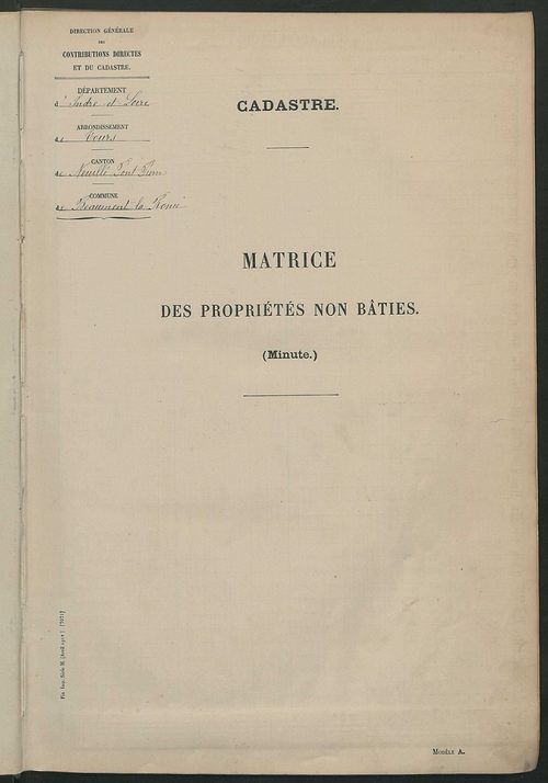 Tableau présentant les augmentations et les diminutions survenues dans la matière imposable ; récapitulation ; table alphabétique des propriétaires ; matrice des propriétés non bâties, fol. 1 à 492.