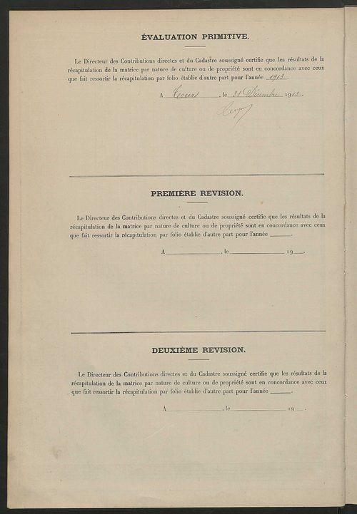Tableau présentant les augmentations et les diminutions survenues dans la matière imposable ; récapitulation ; table alphabétique des propriétaires ; matrice des propriétés non bâties, fol. 1 à 492.