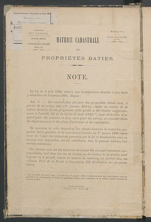 Matrice des propriétés bâties ; augmentations et diminutions, 1883-1891 ; séparation des revenus cadastraux afférents, pour l'année 1882, aux propriétés bâties et non bâties (état-balance) ; table alphabétique des propriétaires.