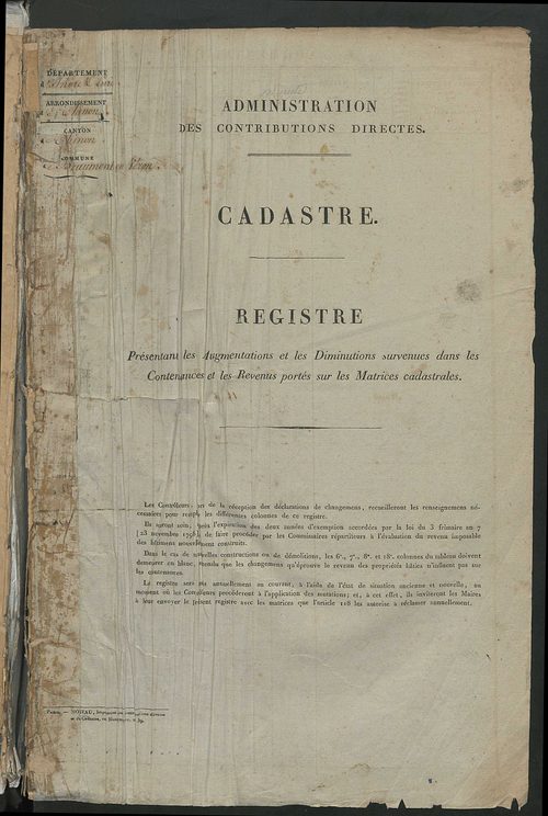Registre présentant les augmentations et les diminutions survenues dans les contenances et les revenus portés sur les matrices cadastrales, 1842-1914 ; récapitulation des contenances et des revenus imposables, 1841 ; matrice des propriétés foncières, fol.