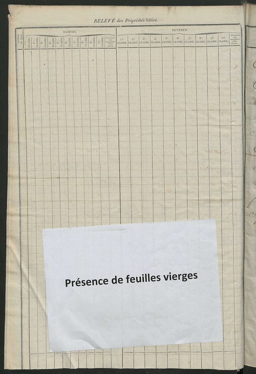 Relevé des numéros de propriétés non bâties de même nature ; relevé des propriétés bâties ; récapitulation de la contenance et du revenu imposables des propriétés.