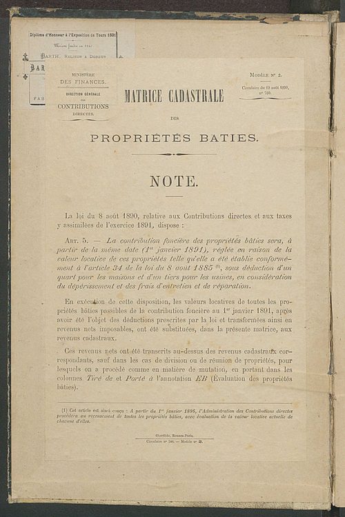 Matrice des propriétés bâties ; augmentations et diminutions, 1883-1891 ; séparation des revenus cadastraux afférents, pour l'année 1882, aux propriétés bâties et non bâties (état-balance) ; table alphabétique des propriétaires.
