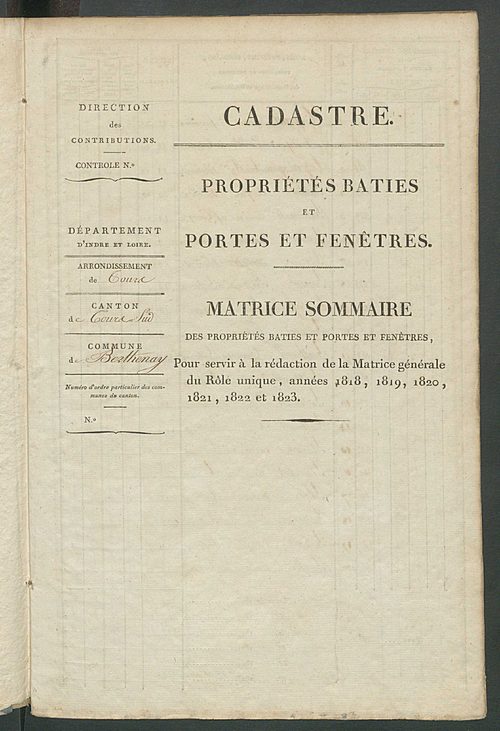 Matrice sommaire des propriétés bâties et portes et fenêtres pour servir à la rédaction de la matrice générale du rôle unique.