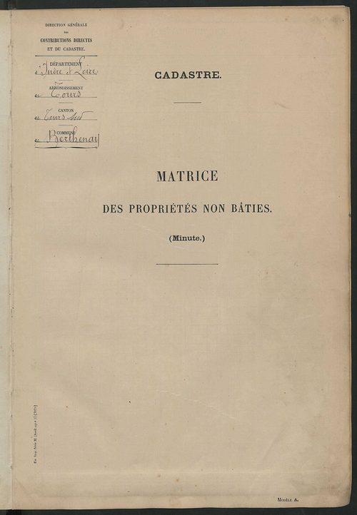 Tableau présentant les augmentations et les diminutions survenues dans la matière imposable ; récapitulation ; table alphabétique des propriétaires ; matrice des propriétés non bâties, fol. 1 à 488.