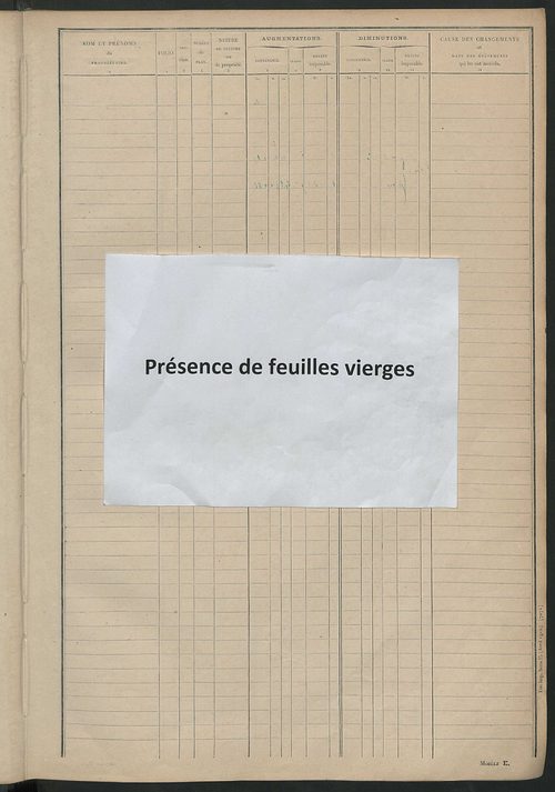 Tableau présentant les augmentations et les diminutions survenues dans la matière imposable ; récapitulation ; table alphabétique des propriétaires ; matrice des propriétés non bâties, fol. 1 à 488.