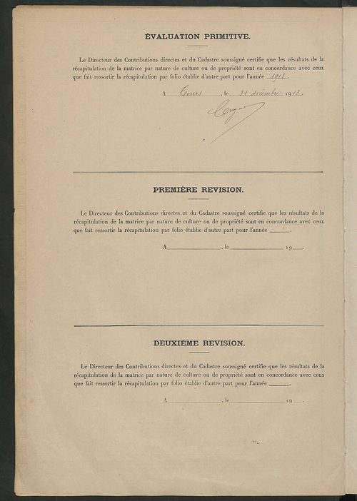 Tableau présentant les augmentations et les diminutions survenues dans la matière imposable ; récapitulation ; table alphabétique des propriétaires ; matrice des propriétés non bâties, fol. 1 à 488.