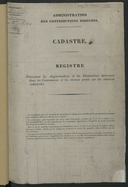 Registre présentant les augmentations et les diminutions survenues dans les contenances et les revenus portés sur les matrices cadastrales, 1825-1914 ; récapitulation des contenances et des revenus imposables, 1823 ; matrice des propriétés foncières, fol.