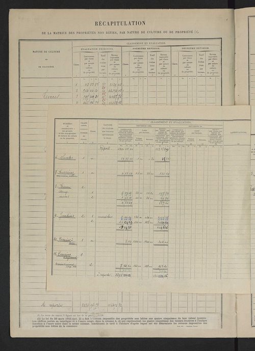 Matrice des propriétés non bâties : tableau présentant les augmentations et les diminutions survenues dans la matière imposable ; récapitulation ; table alphabétique des propriétaires.