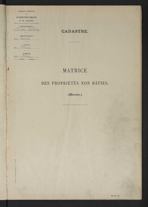 Matrice des propriétés non bâties : tableau présentant les augmentations et les diminutions survenues dans la matière imposable ; récapitulation ; table alphabétique des propriétaires.