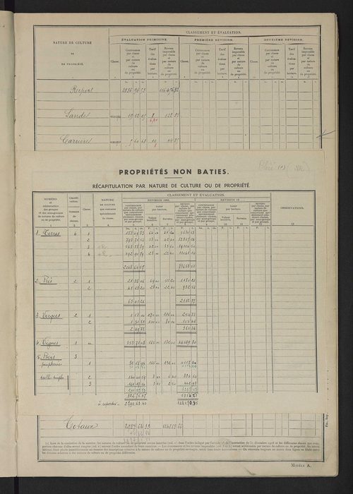 Matrice des propriétés non bâties : tableau présentant les augmentations et les diminutions survenues dans la matière imposable ; récapitulation ; table alphabétique des propriétaires.