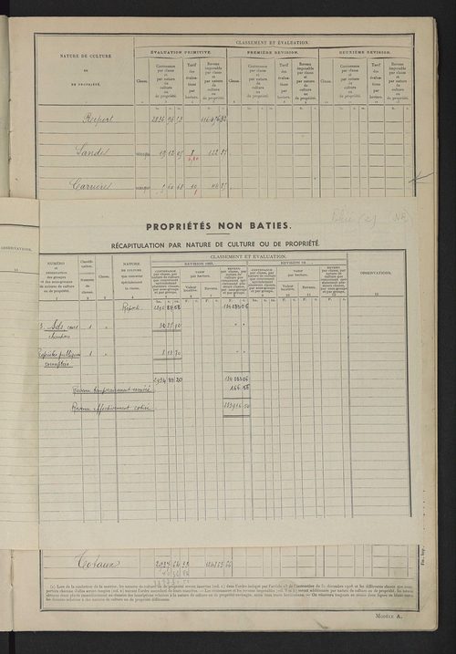 Matrice des propriétés non bâties : tableau présentant les augmentations et les diminutions survenues dans la matière imposable ; récapitulation ; table alphabétique des propriétaires.