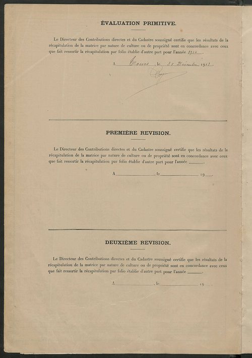 Matrice des propriétés non bâties : tableau présentant les augmentations et les diminutions survenues dans la matière imposable ; récapitulation ; table alphabétique des propriétaires.