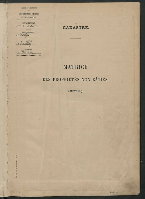 Matrice des propriétés non bâties : tableau présentant les augmentations et les diminutions survenues dans la matière imposable ; récapitulation ; table alphabétique des propriétaires.