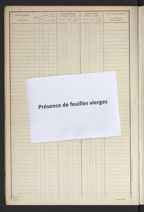 Matrice des propriétés non bâties ; tableau présentant les augmentations et les diminutions survenues dans la matière imposable ; récapitulation ; table alphabétique des propriétaires.