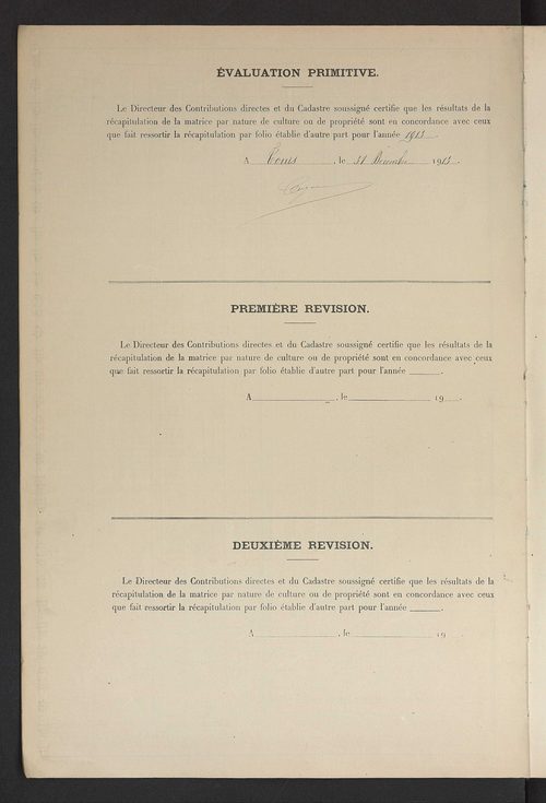 Matrice des propriétés non bâties ; tableau présentant les augmentations et les diminutions survenues dans la matière imposable ; récapitulation ; table alphabétique des propriétaires.