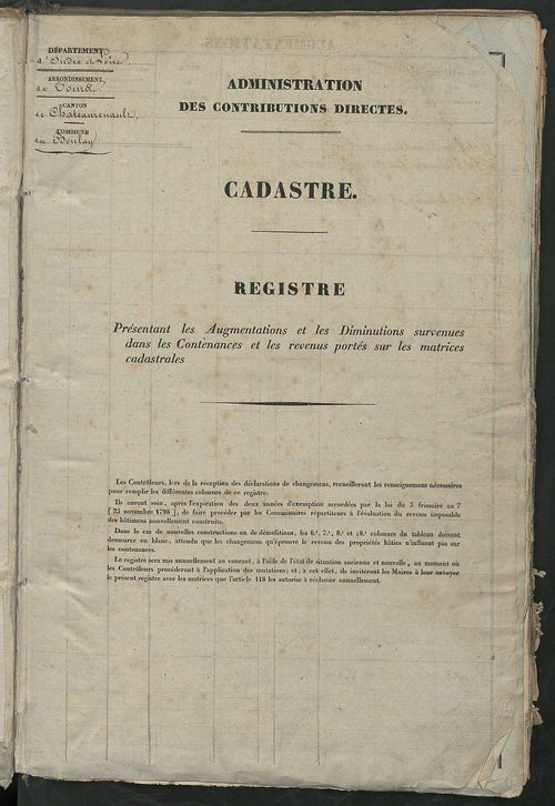 Matrice des propriétés foncières ; registre présentant les augmentations et les diminutions survenues dans les contenances et les revenus portés sur les matrices cadastrales, 1838-1914 ; récapitulation des contenances et des revenus imposables, 1836 ; tab