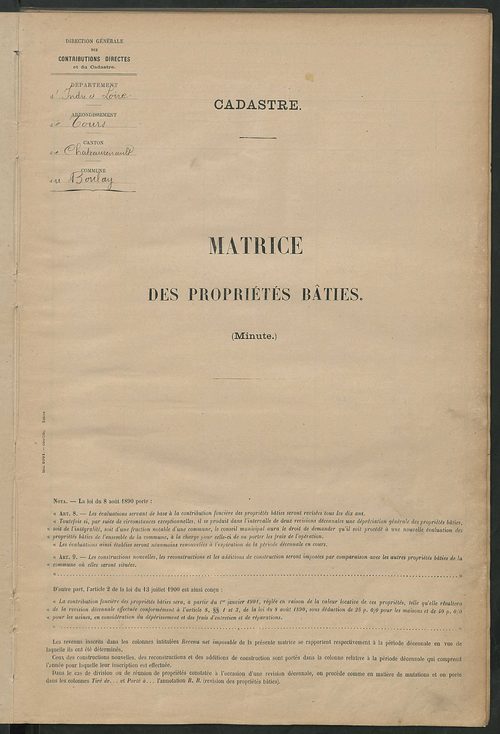 Matrice des propriétés bâties ; récapitulation ; table alphabétique des propriétaires.