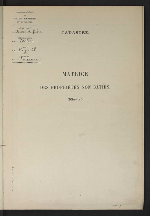 Tableau présentant les augmentations et les diminutions survenues dans la matière imposable ; récapitulation ; table alphabétique des propriétaires ; matrice des propriétés non bâties, fol. 1 à 492.