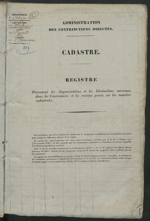 Registre présentant les augmentations et les diminutions survenues dans les contenances et les revenus portés sur les matrices cadastrales, 1836-1914 ; récapitulation des contenances et des revenus imposables, 1834 ; matrice cadastrale des propriétés fonc